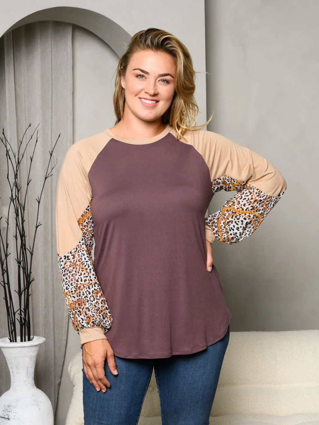 PLUS SIZE LONG SLEEVE ANIMAL PRINT CHAIN PRINT TOP