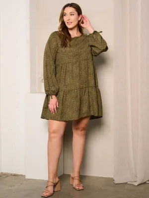 PLUS SIZE LONG SLEEVES ANIMAL PRINT TIERED TUNIC MIDI DRESS