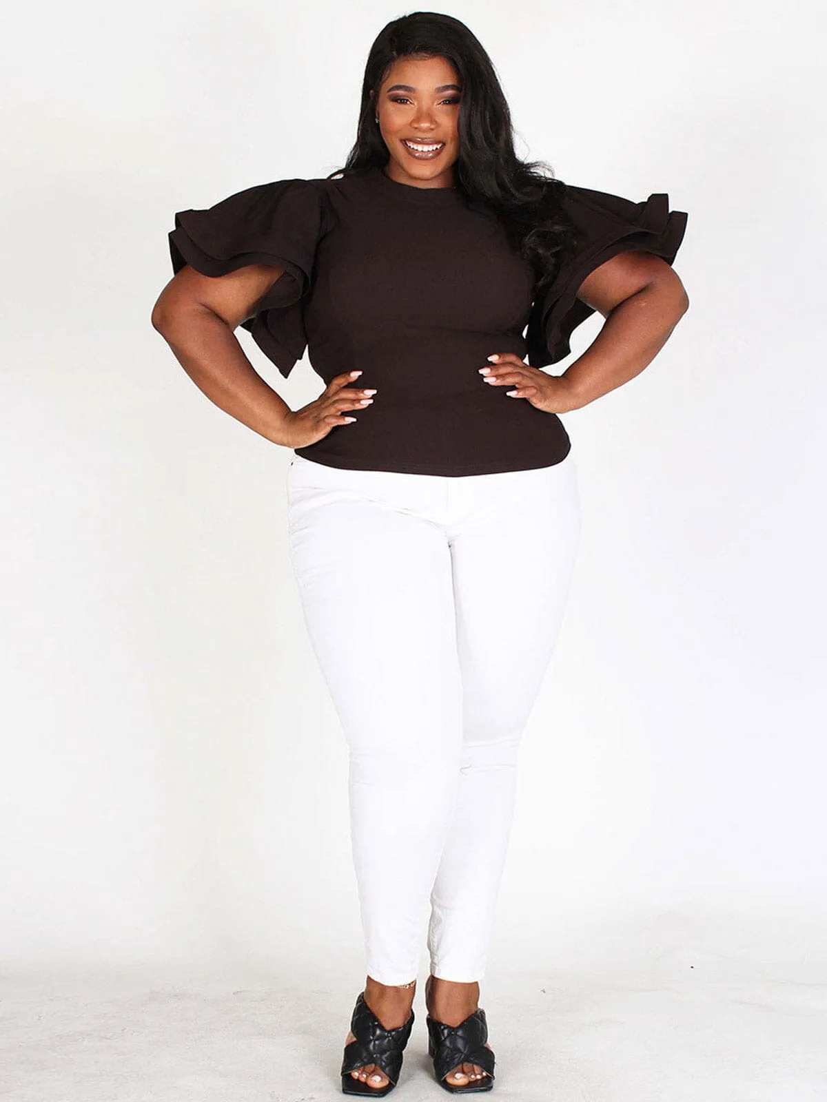 PLUS SIZE RUFFLE PUFF SLEEVES SOLID TOP
