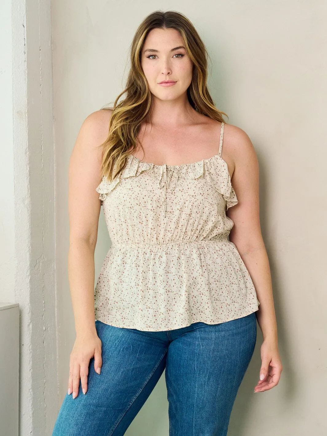 PLUS SIZE SLEEVELESS RUFFLE FLORAL ELASTIC WAIST TANK TOP