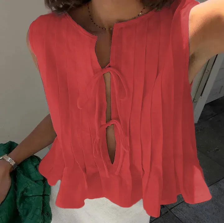 Poise Tie-Front Sleeveless Ruffle Hem Top