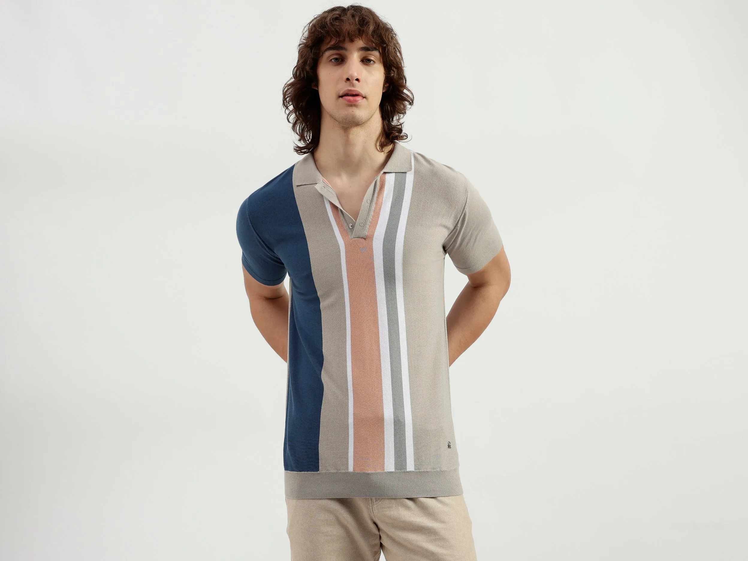 Polo Neck Striped Pattern T-Shirt