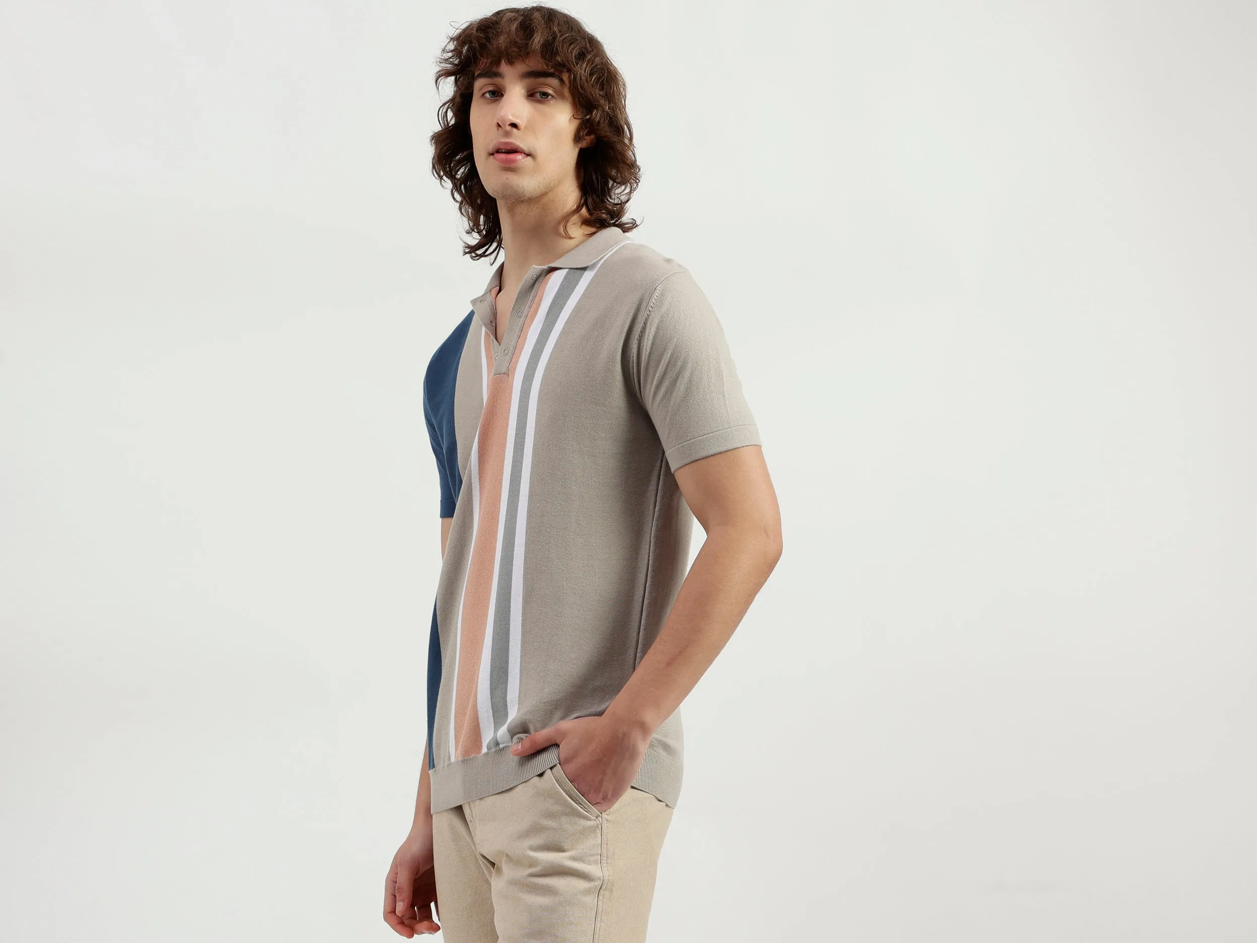 Polo Neck Striped Pattern T-Shirt