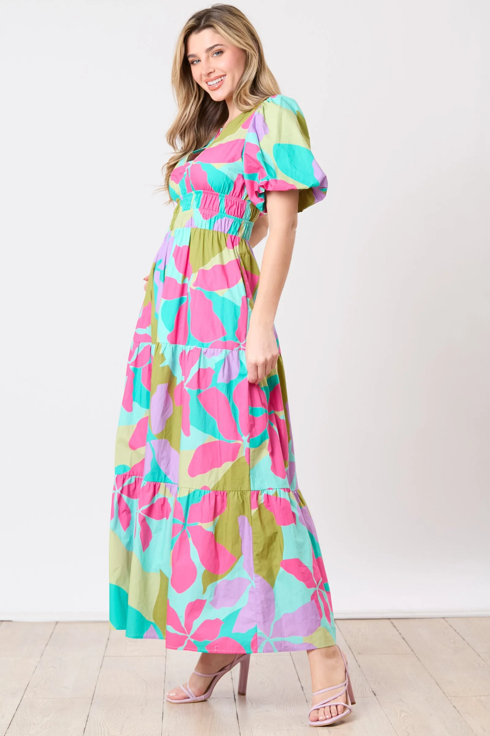 Poplin Floral Print Tiered Midi Dress