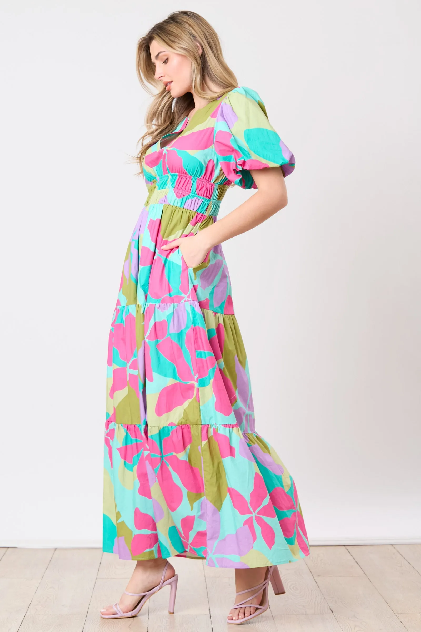 Poplin Floral Print Tiered Midi Dress
