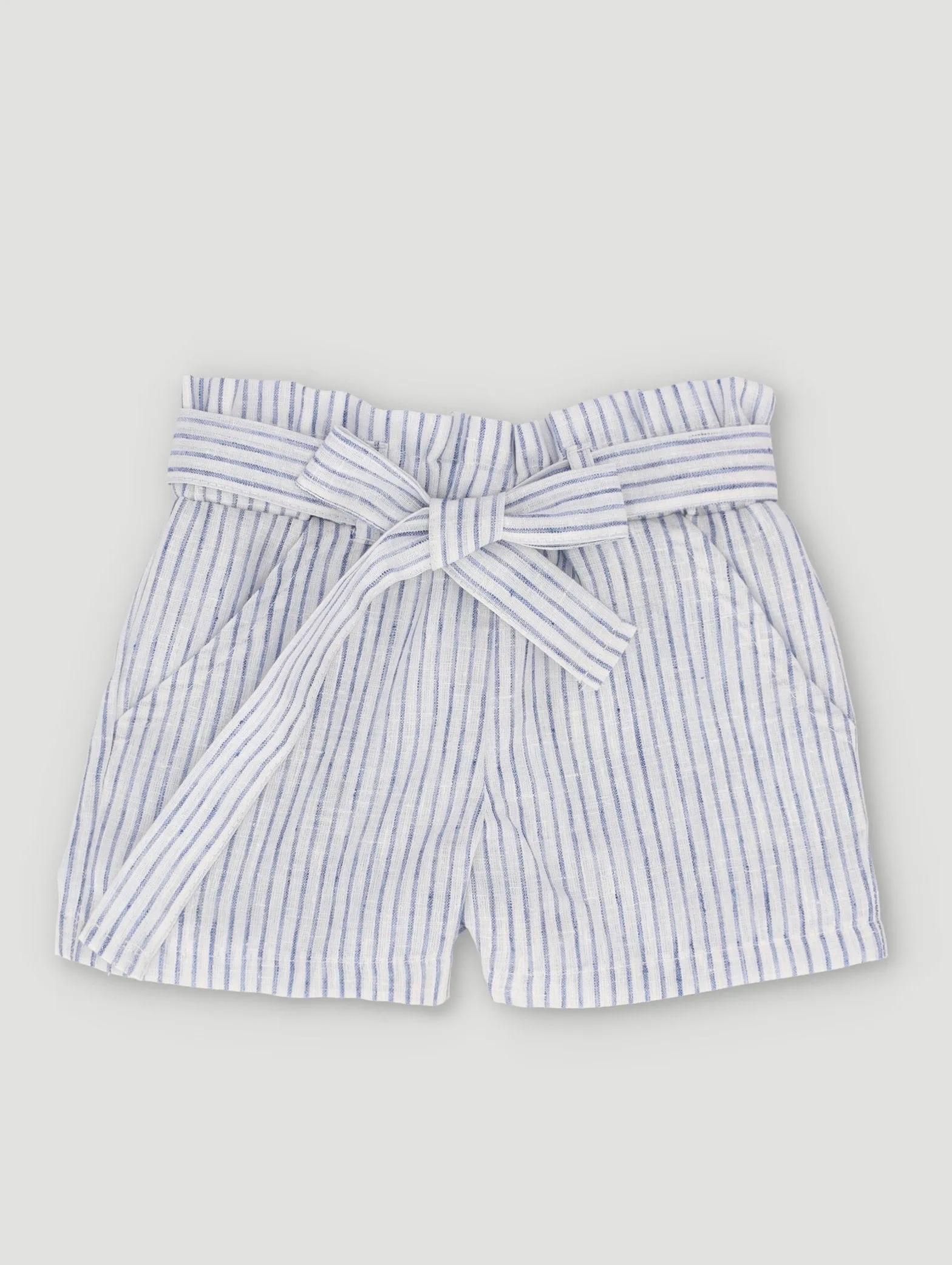 Pre-Girls Striped Linen Paperbag Shorts - Duck Egg