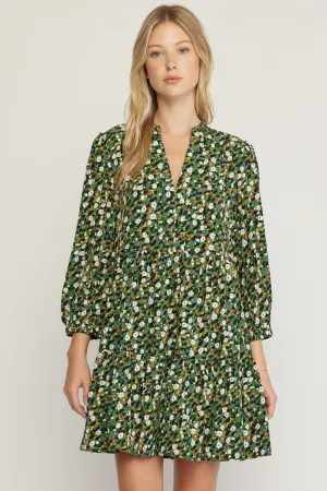 Print v-neck long sleeve tiered mini dress