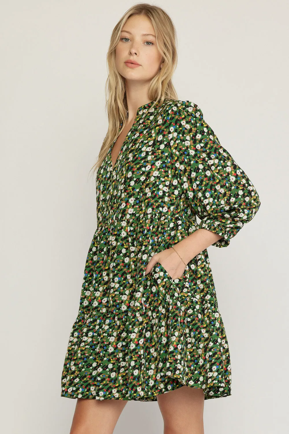 Print v-neck long sleeve tiered mini dress