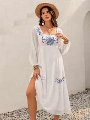 Printed Square Neck Balloon Sleeve Dress