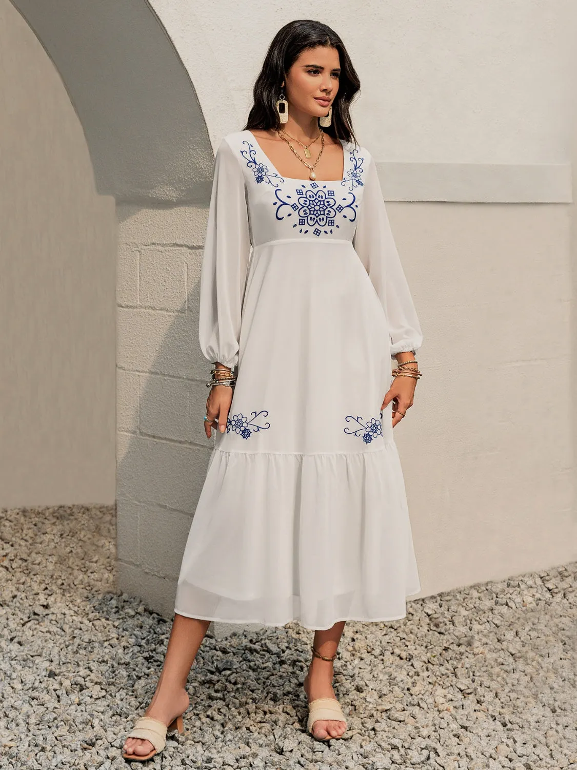 Printed Square Neck Balloon Sleeve Dress