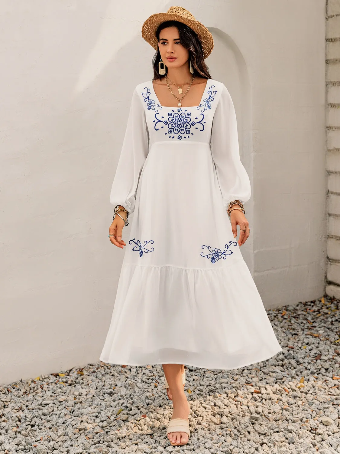Printed Square Neck Balloon Sleeve Dress
