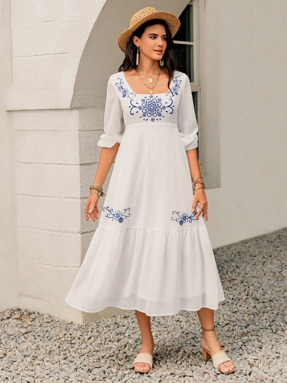 Printed Square Neck Balloon Sleeve Dress