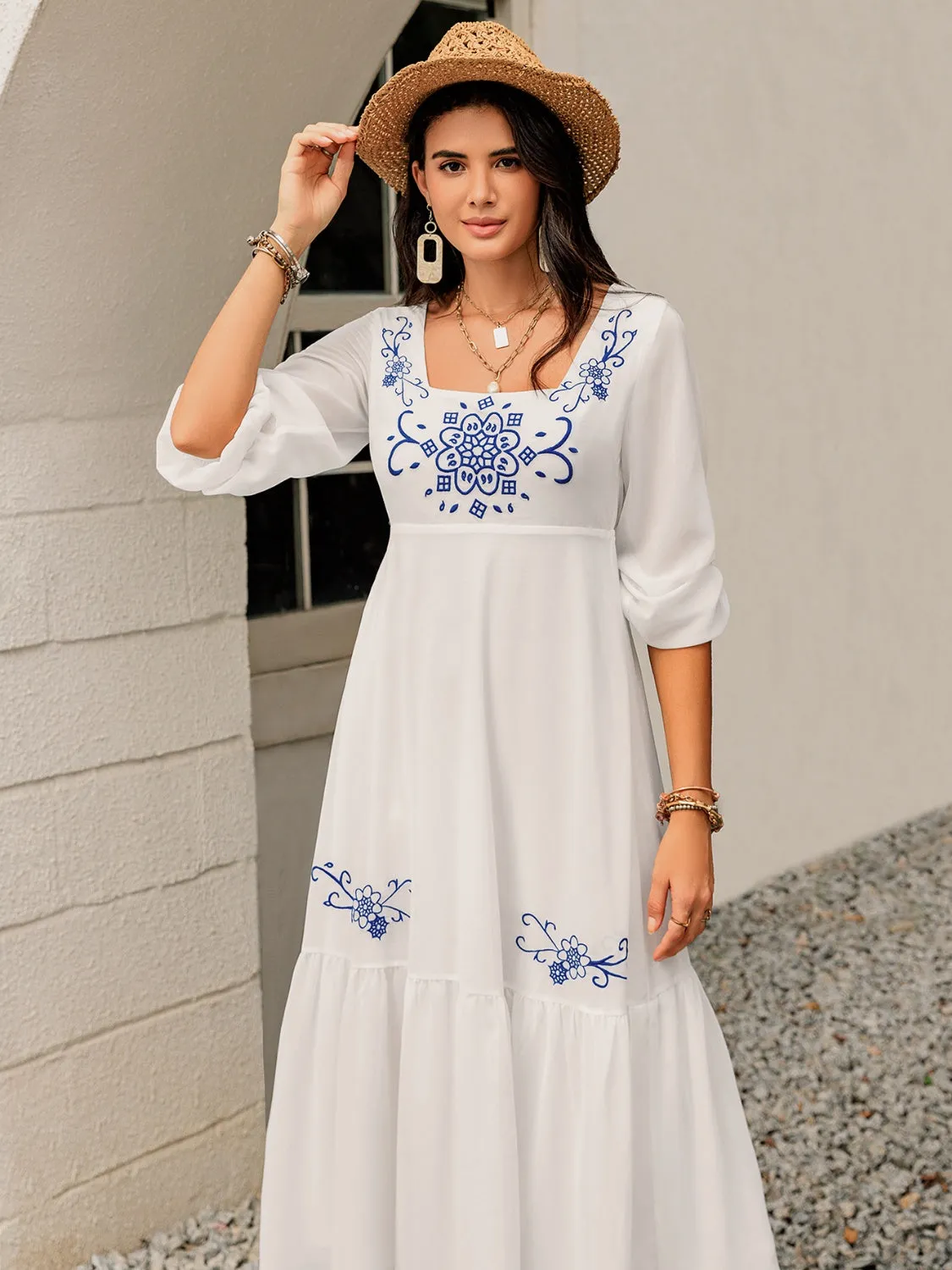 Printed Square Neck Balloon Sleeve Dress