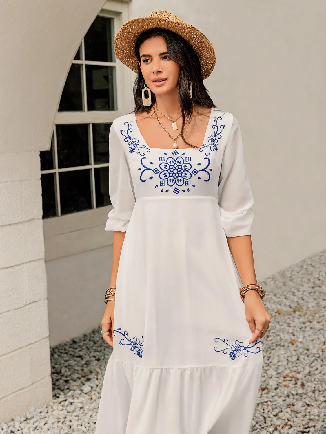 Printed Square Neck Balloon Sleeve Dress