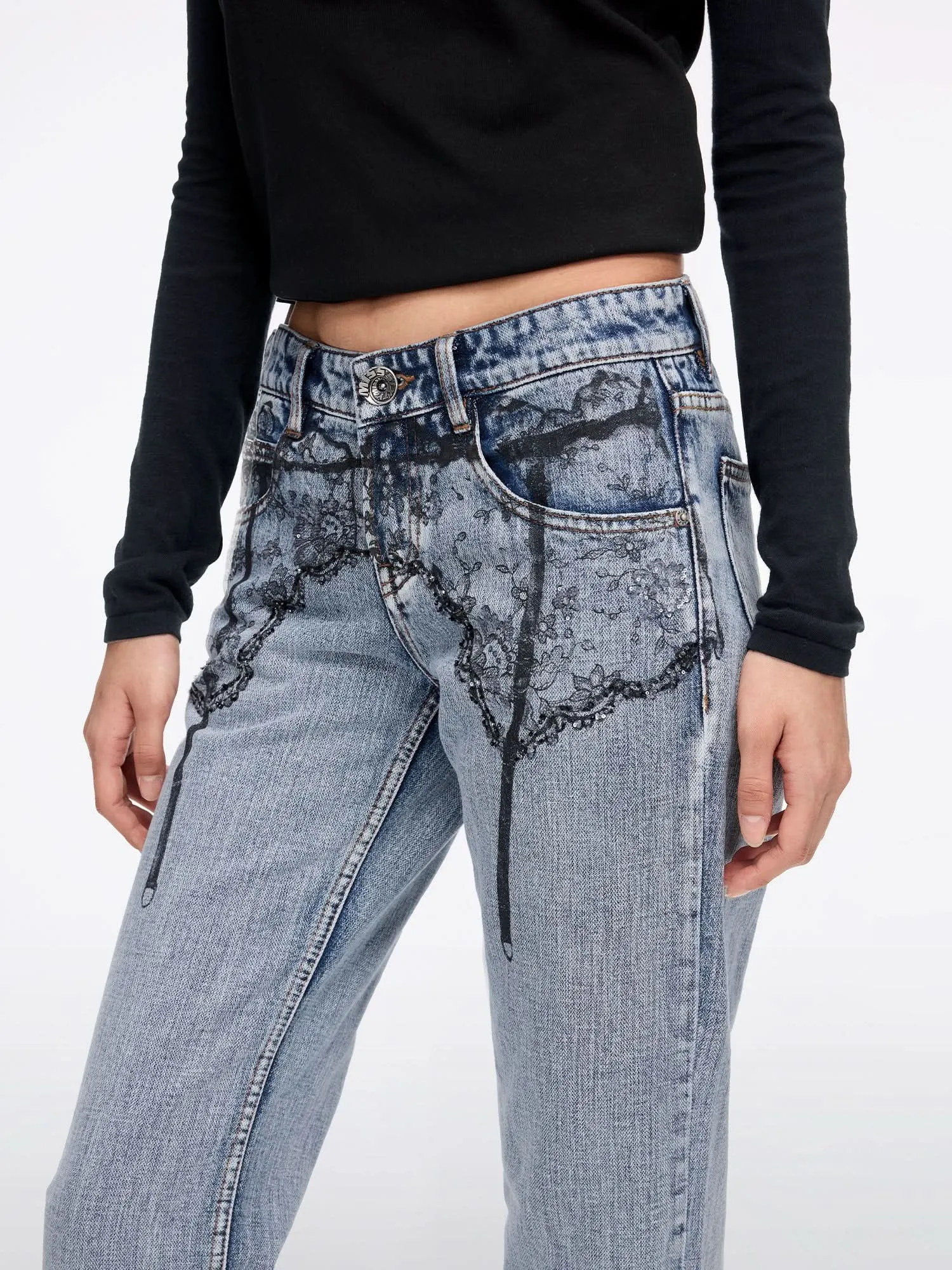 Printed Straight-Leg Denim Jeans