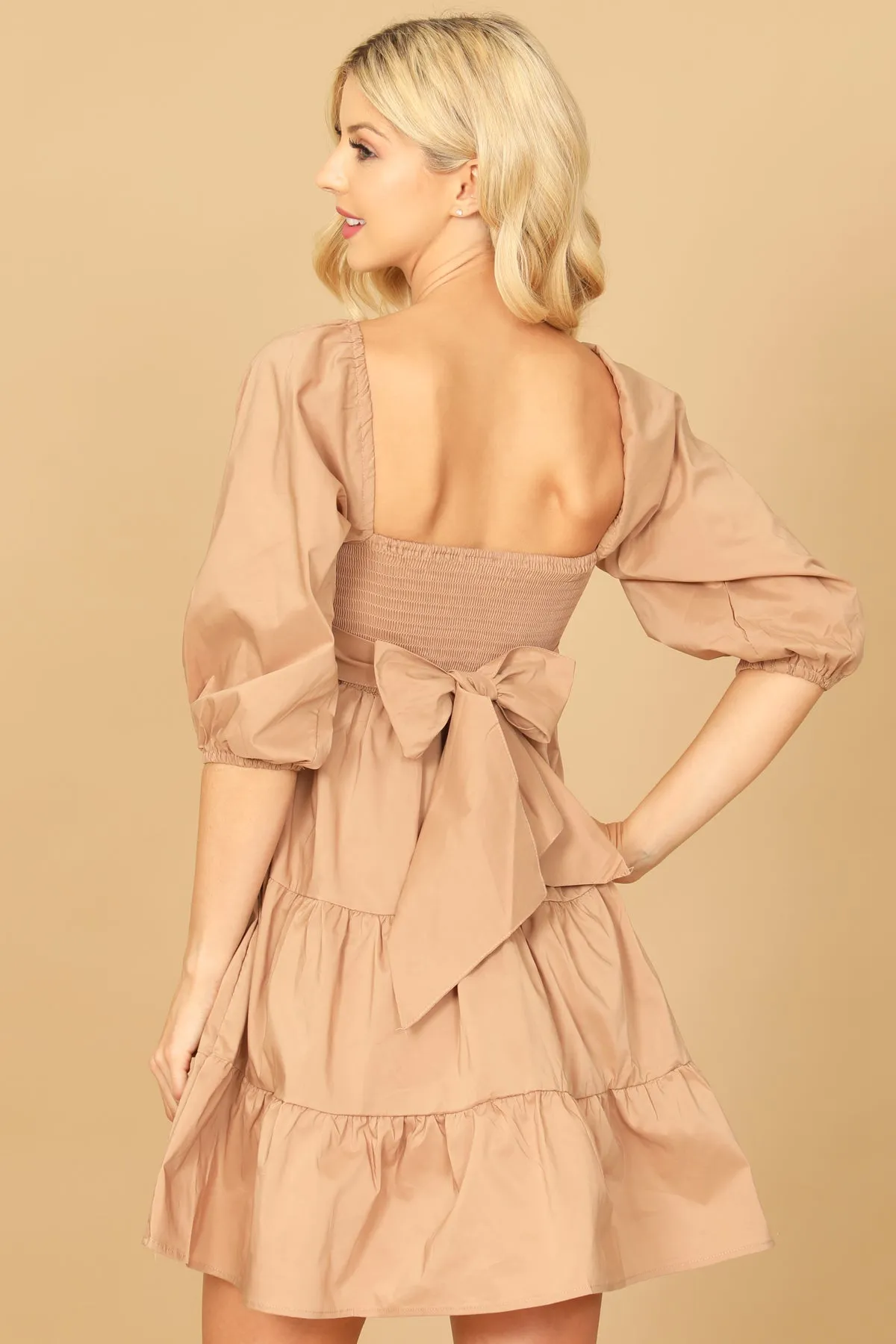 PUFF SLEEVE SQUARE NECK SOLID TIERED DRESS