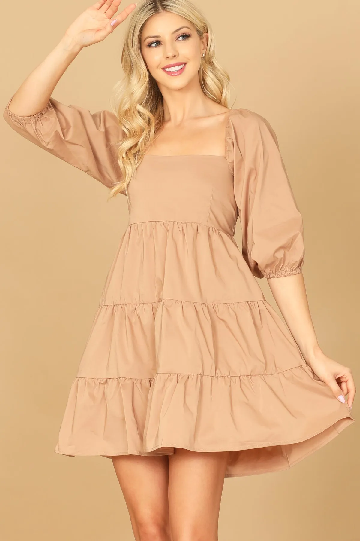 PUFF SLEEVE SQUARE NECK SOLID TIERED DRESS