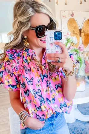 Purple Butterfly Print Ruffled Puff Sleeve Tied V Neck Blouse