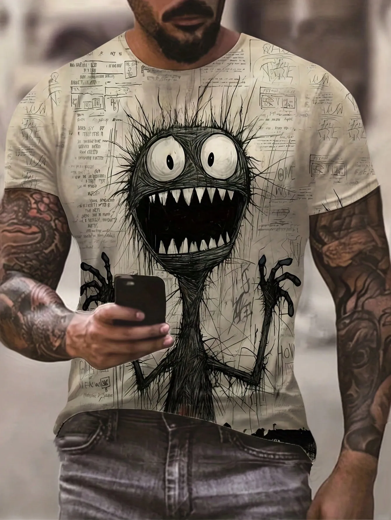 QA Men's Cartoon Printed Short Sleeve Casual T-Shirt, Summer