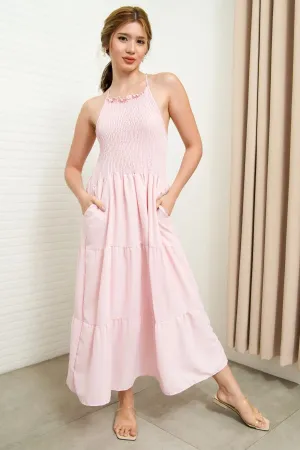 RAMONA Smocked Halter Criss-cross Back Dress (Light Pink)