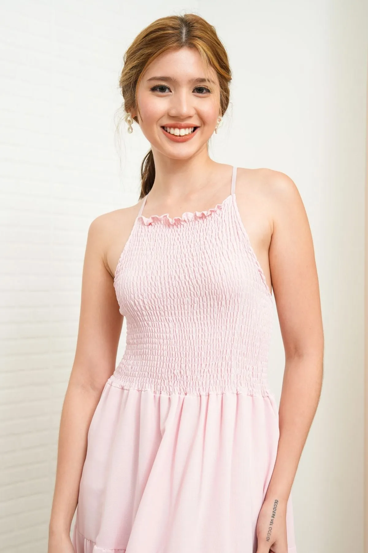 RAMONA Smocked Halter Criss-cross Back Dress (Light Pink)