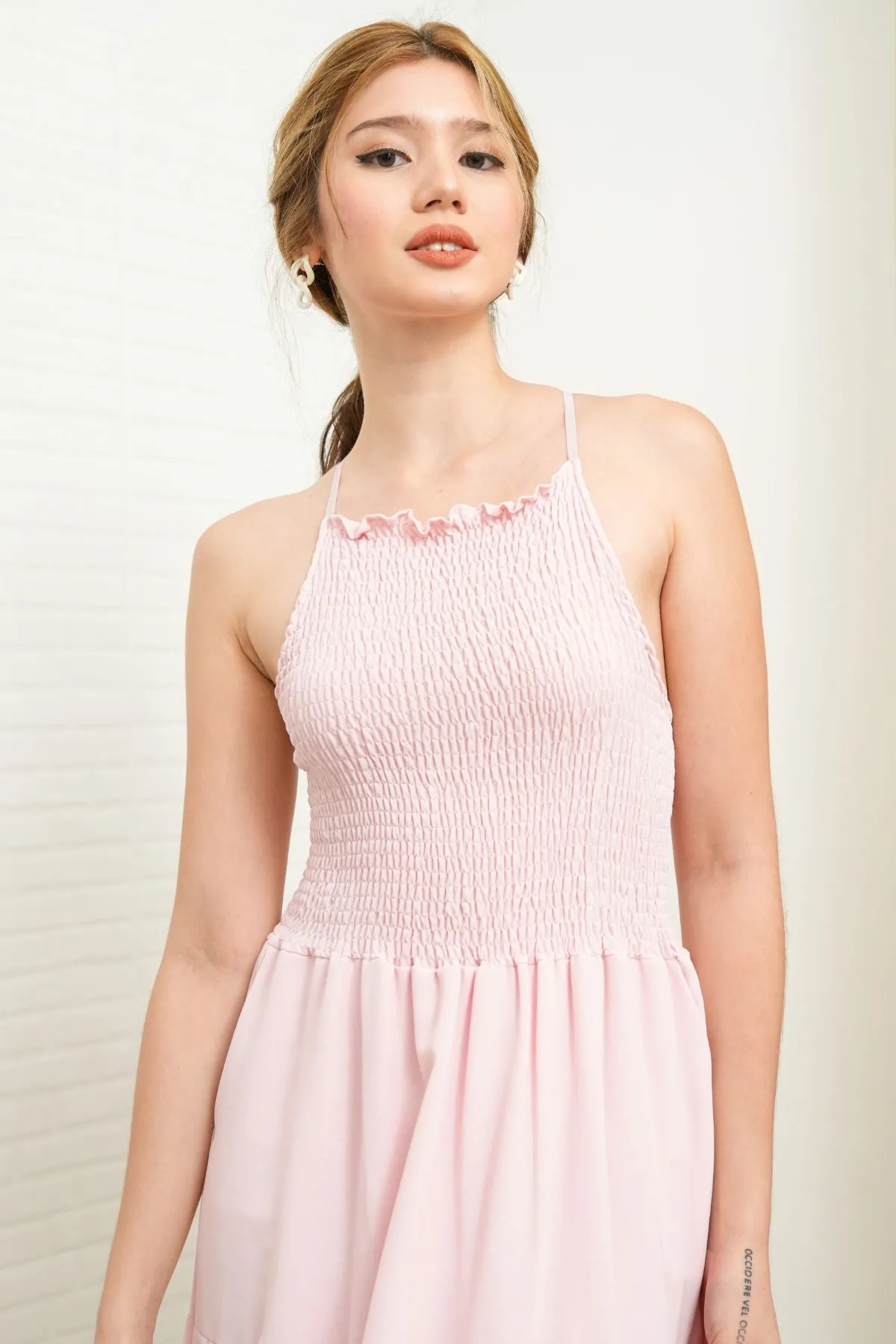 RAMONA Smocked Halter Criss-cross Back Dress (Light Pink)