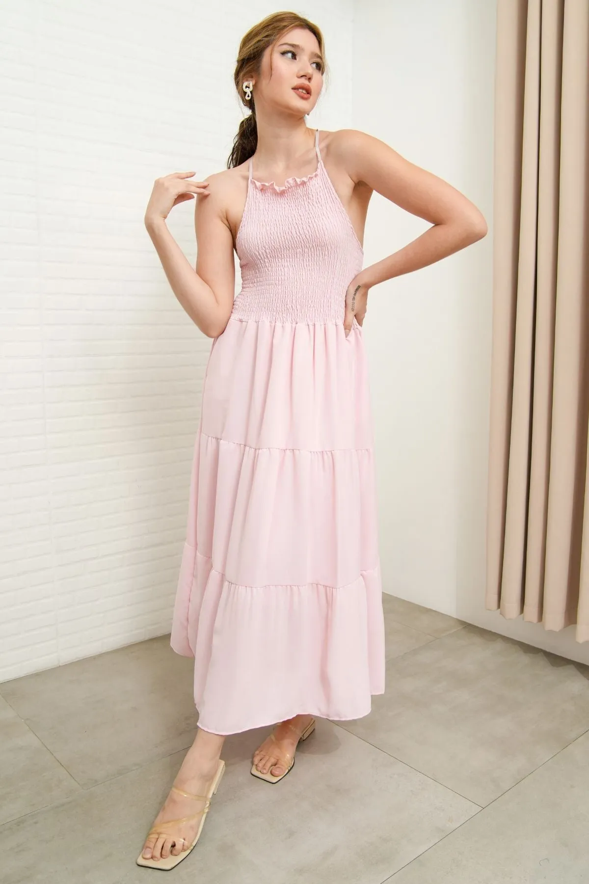 RAMONA Smocked Halter Criss-cross Back Dress (Light Pink)