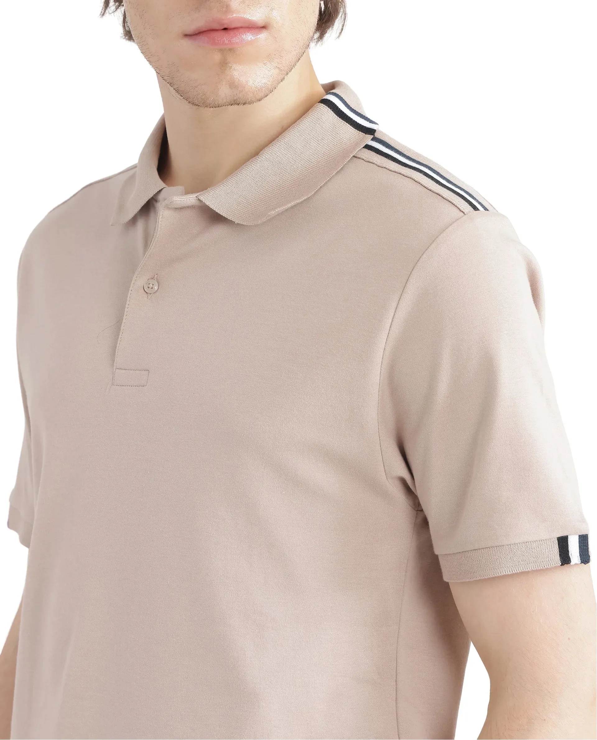 Rare Rabbit Men Loui Beige Cotton Fabric Striped Short Sleeve and Collar Neck Plain Polo