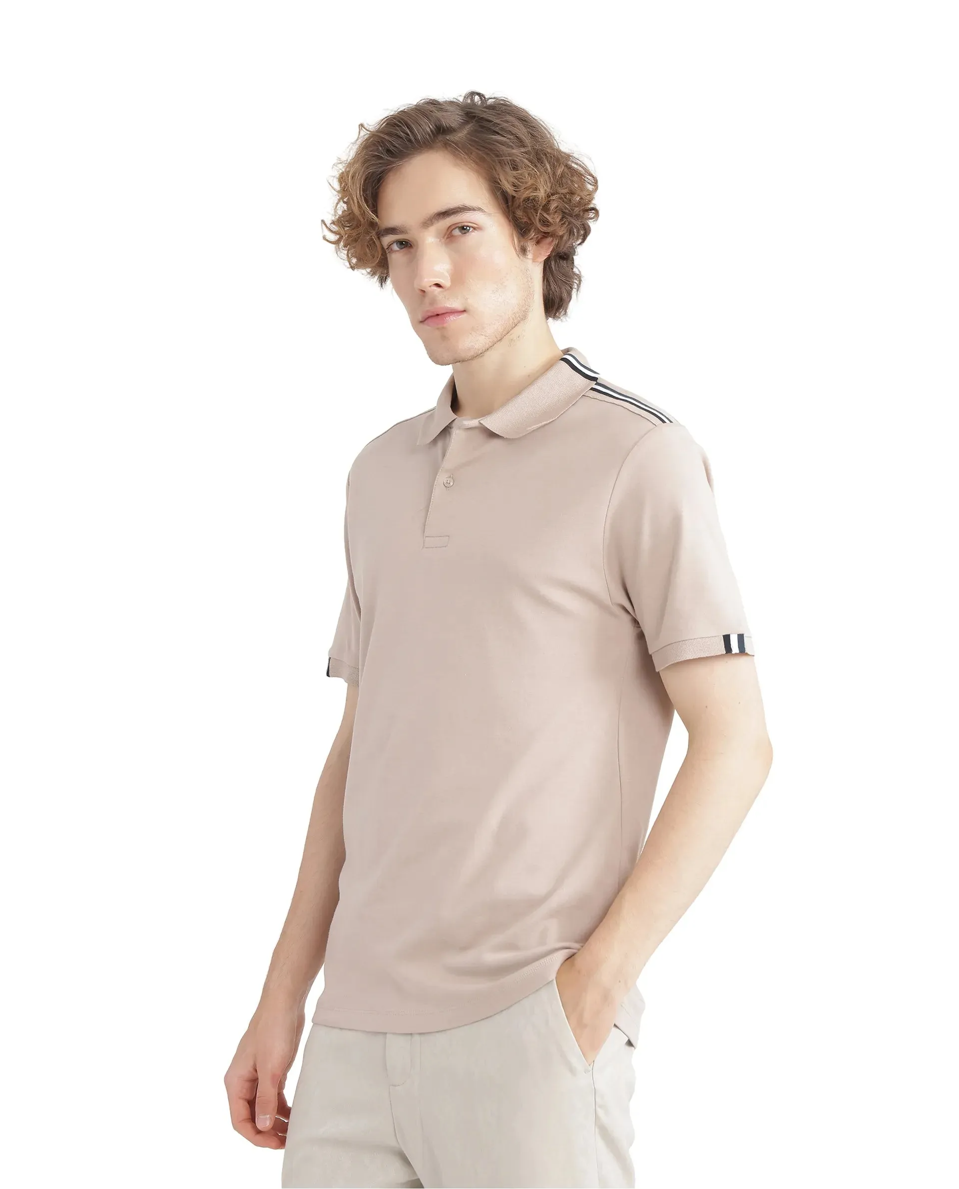 Rare Rabbit Men Loui Beige Cotton Fabric Striped Short Sleeve and Collar Neck Plain Polo