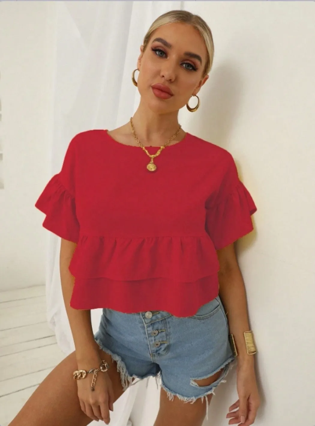 Red Ruffle Hem Peplum Top
