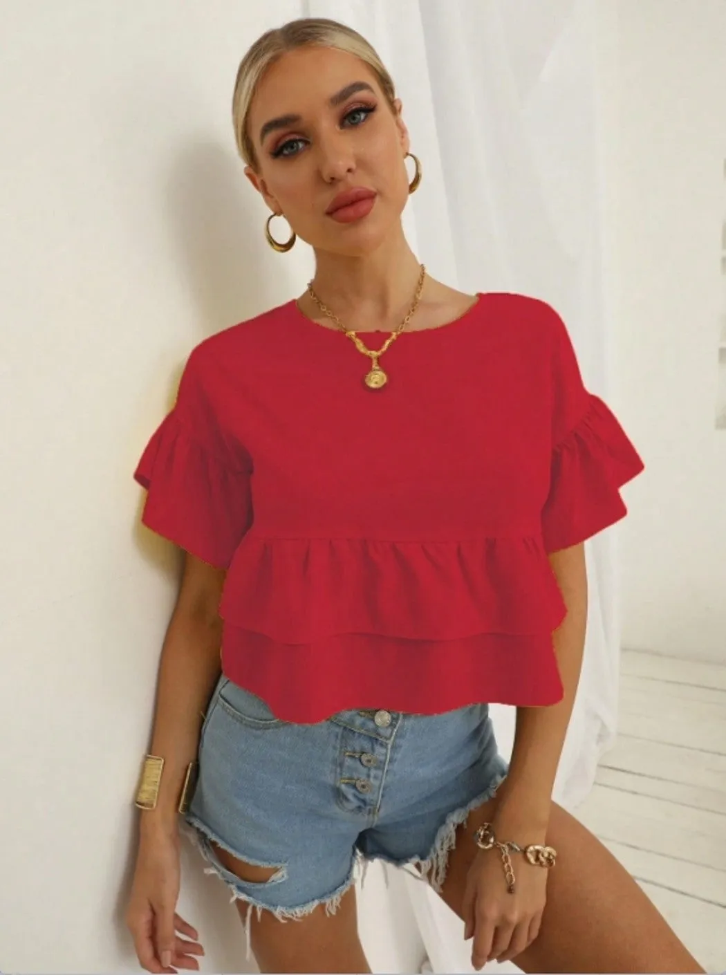 Red Ruffle Hem Peplum Top