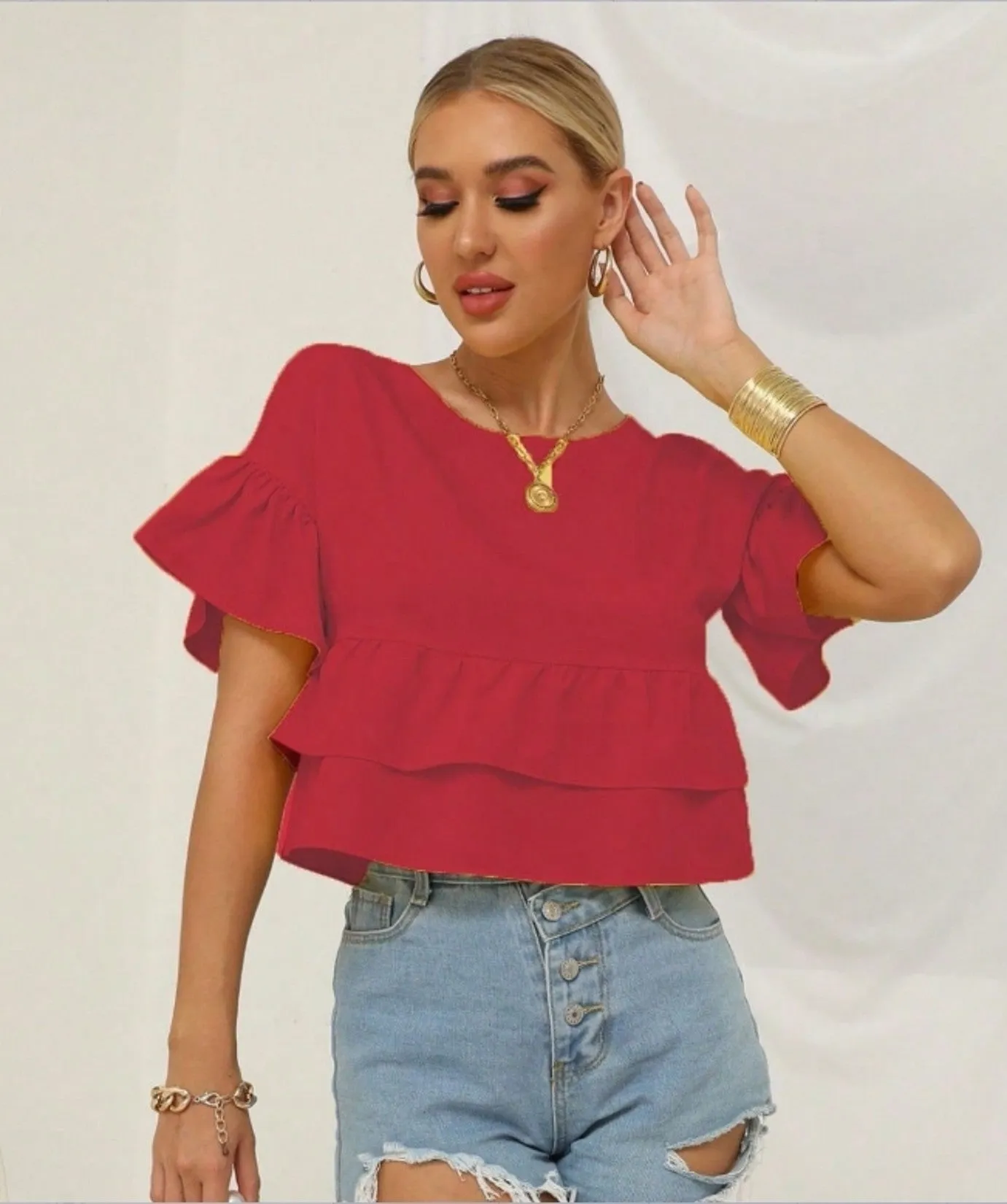 Red Ruffle Hem Peplum Top