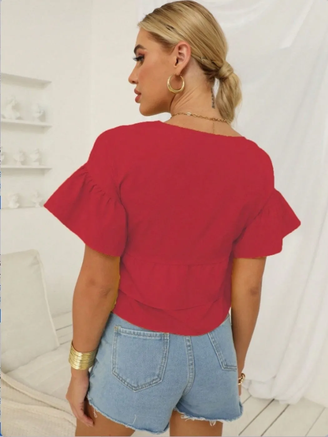 Red Ruffle Hem Peplum Top