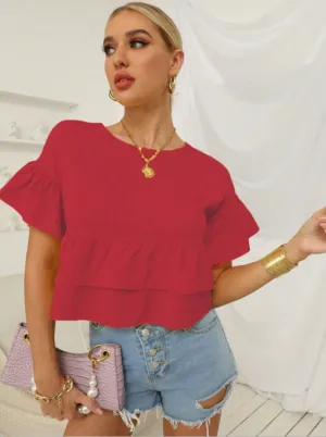 Red Ruffle Hem Peplum Top