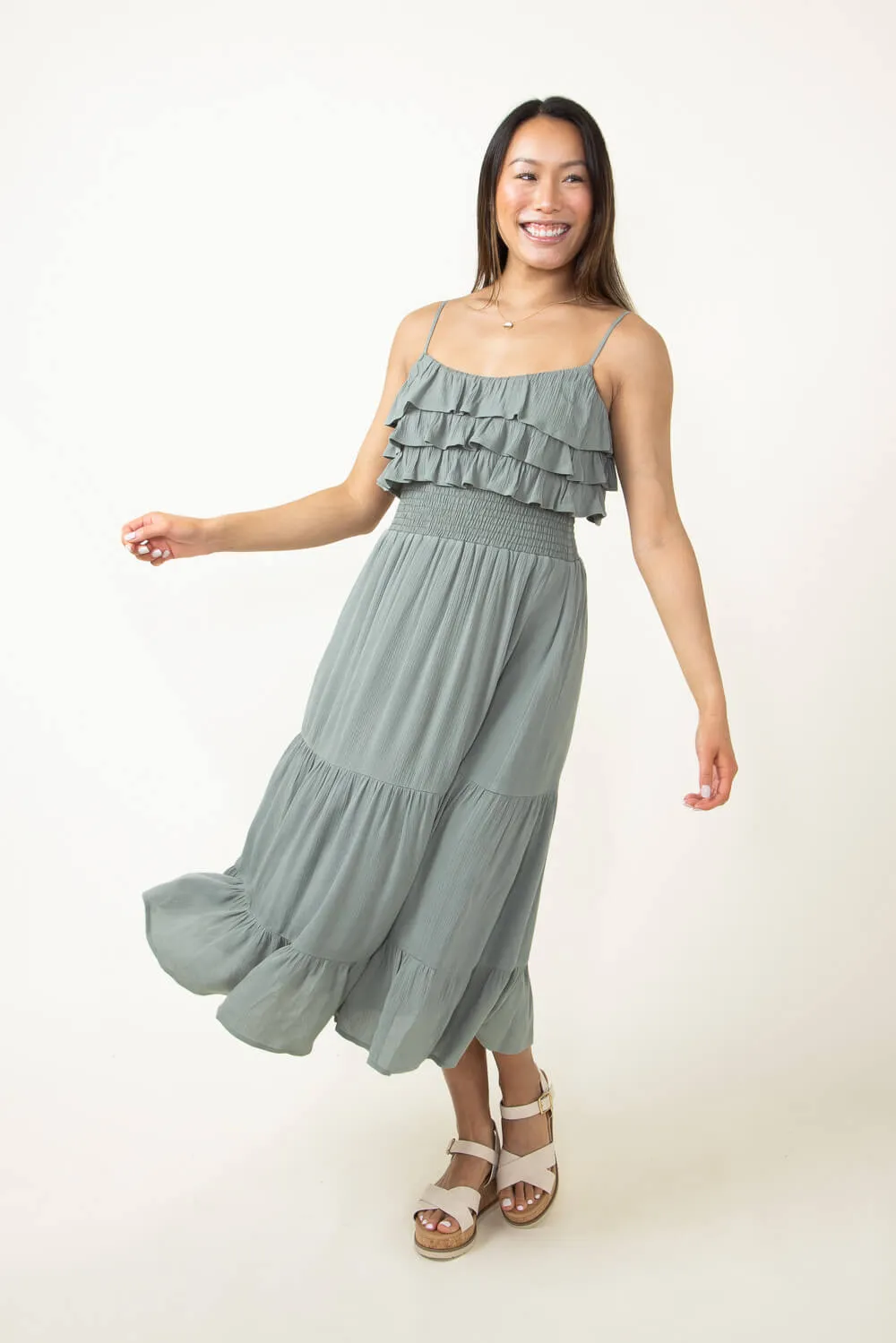 Rokoko Layered Ruffle Tiered Smocked Midi Dress for Women in Green | R602219-SAG