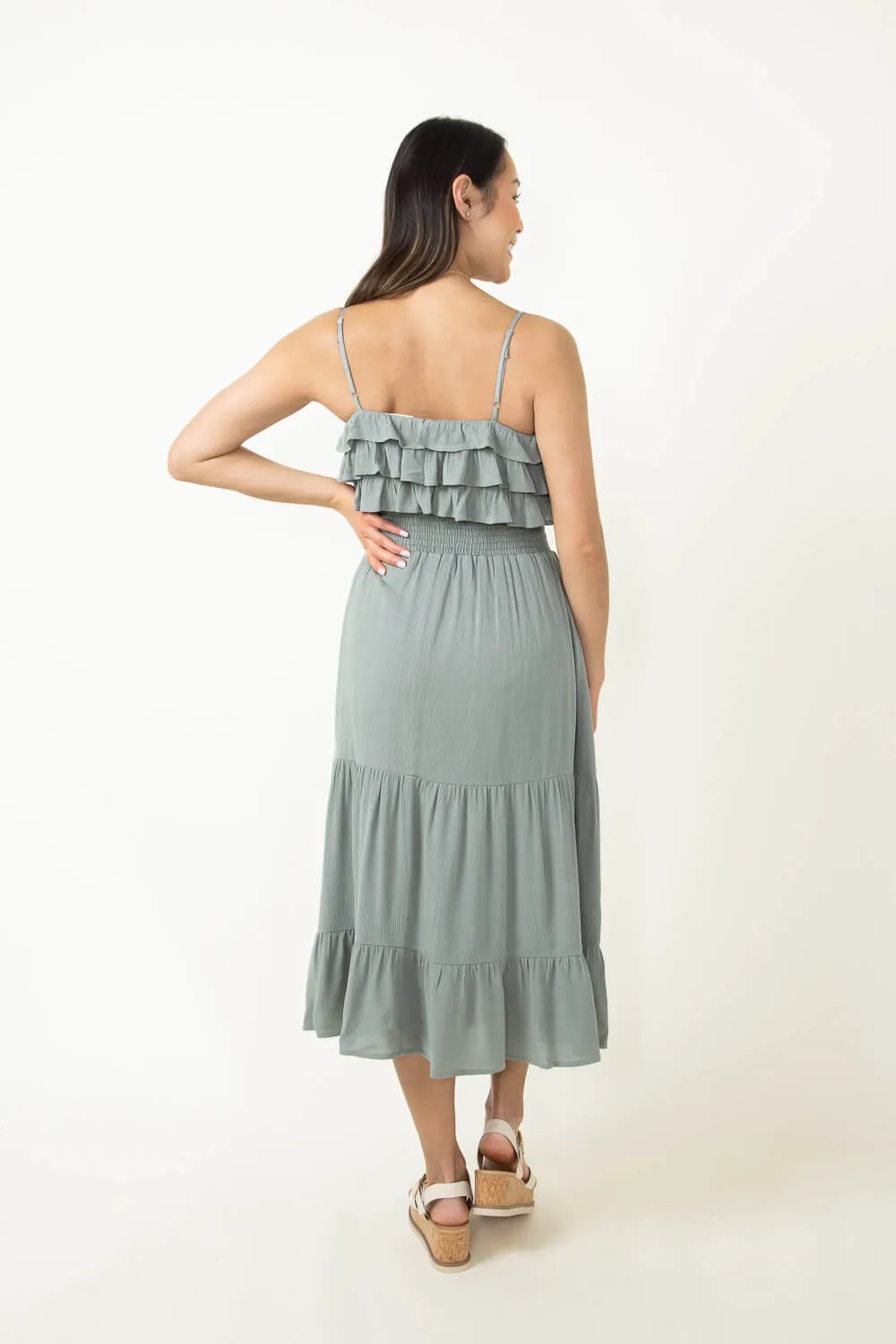Rokoko Layered Ruffle Tiered Smocked Midi Dress for Women in Green | R602219-SAG