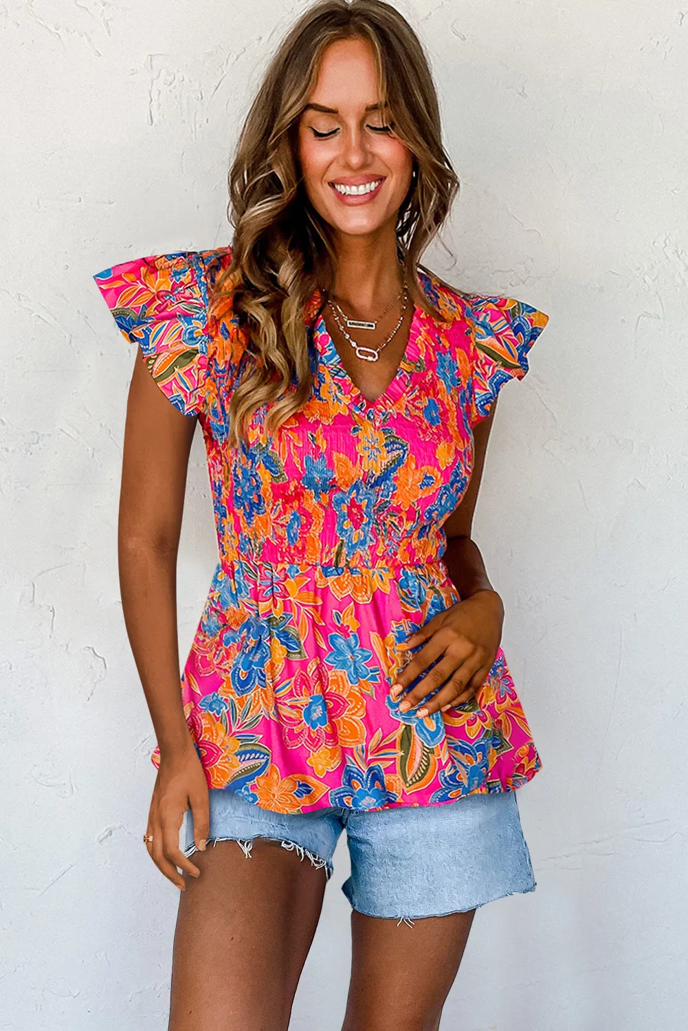 Rose Red Boho Floral Frill V Neck Smocked Peplum Blouse