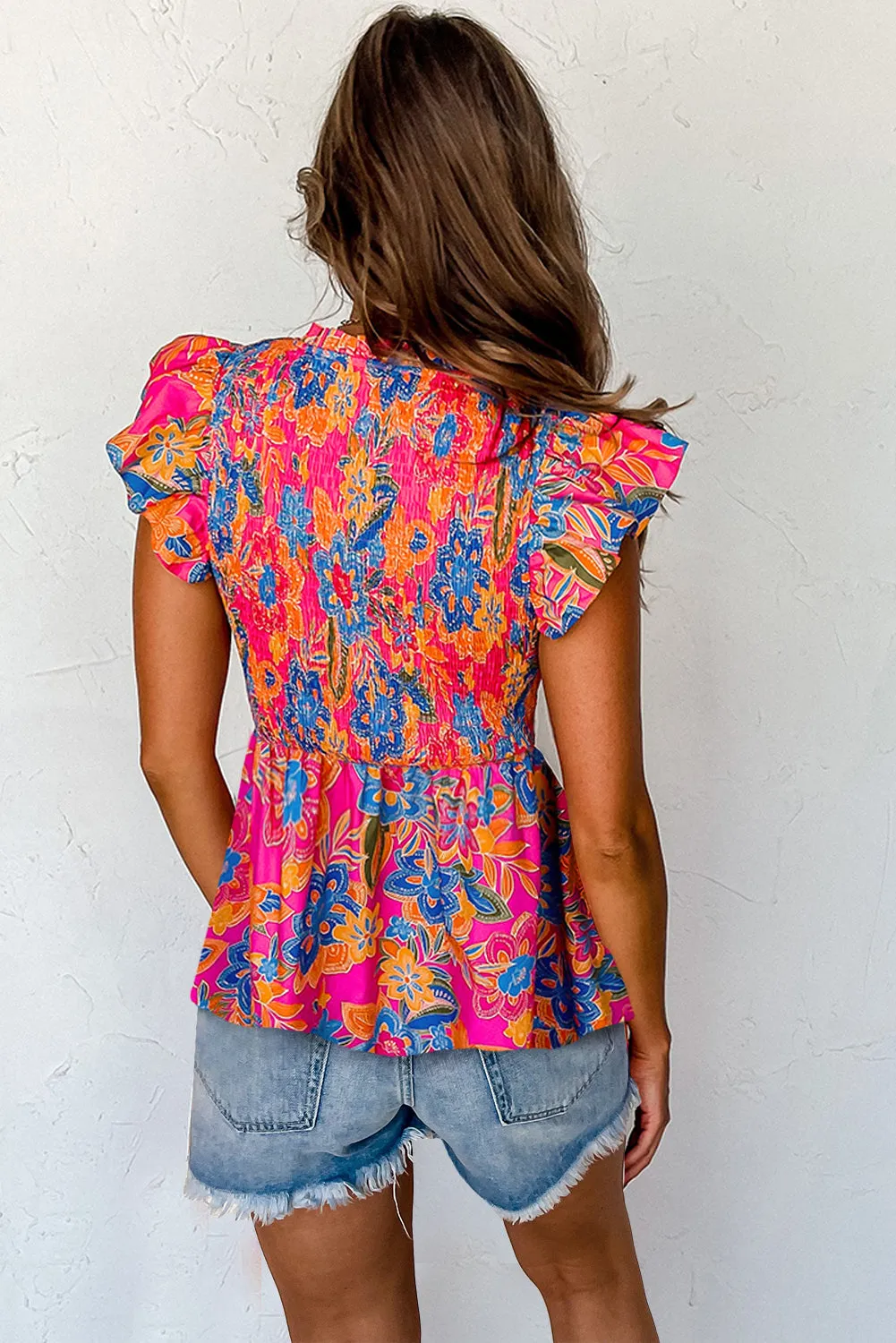 Rose Red Boho Floral Frill V Neck Smocked Peplum Blouse