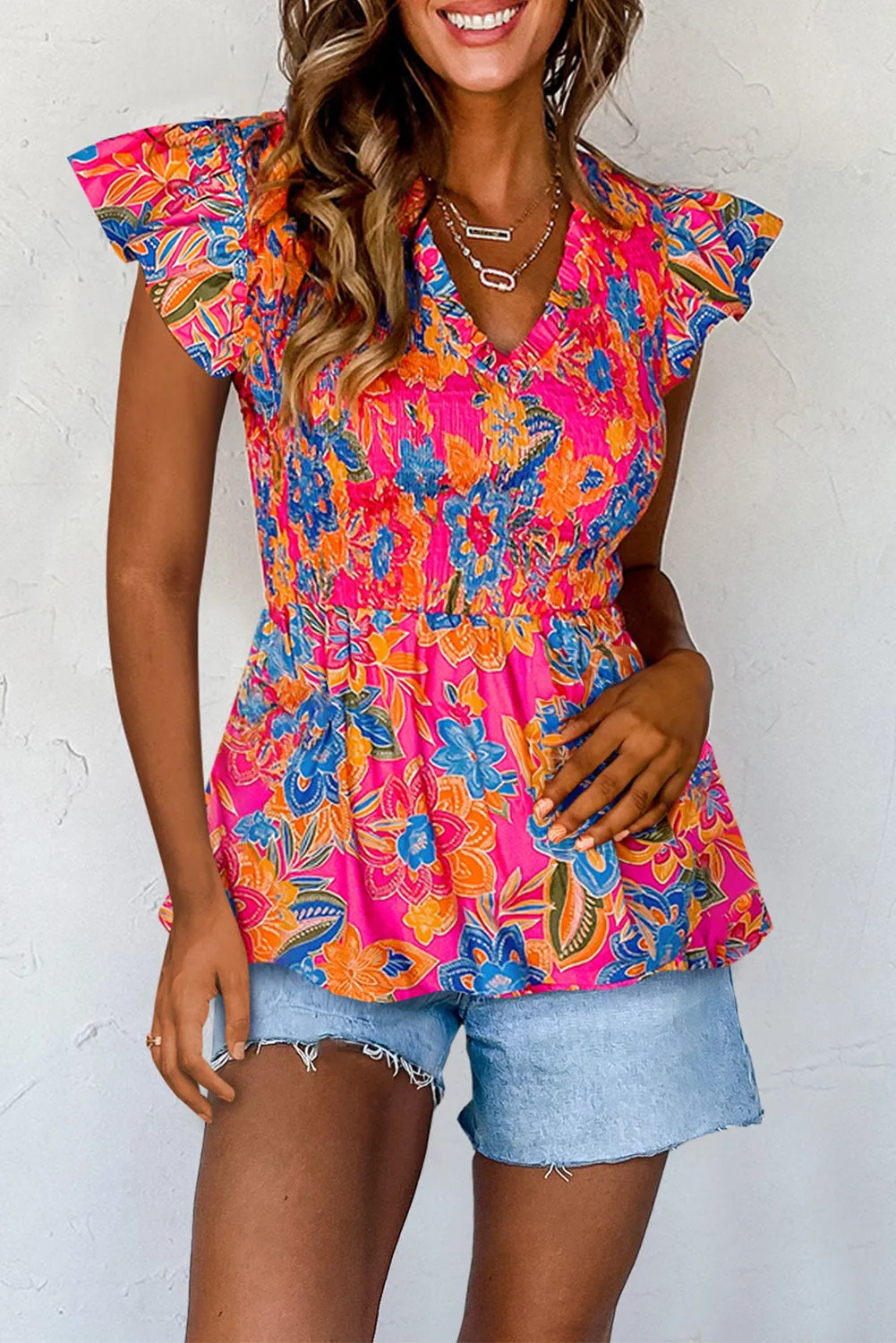 Rose Red Boho Floral Frill V Neck Smocked Peplum Blouse