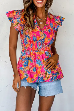 Rose Red Boho Floral Frill V Neck Smocked Peplum Blouse