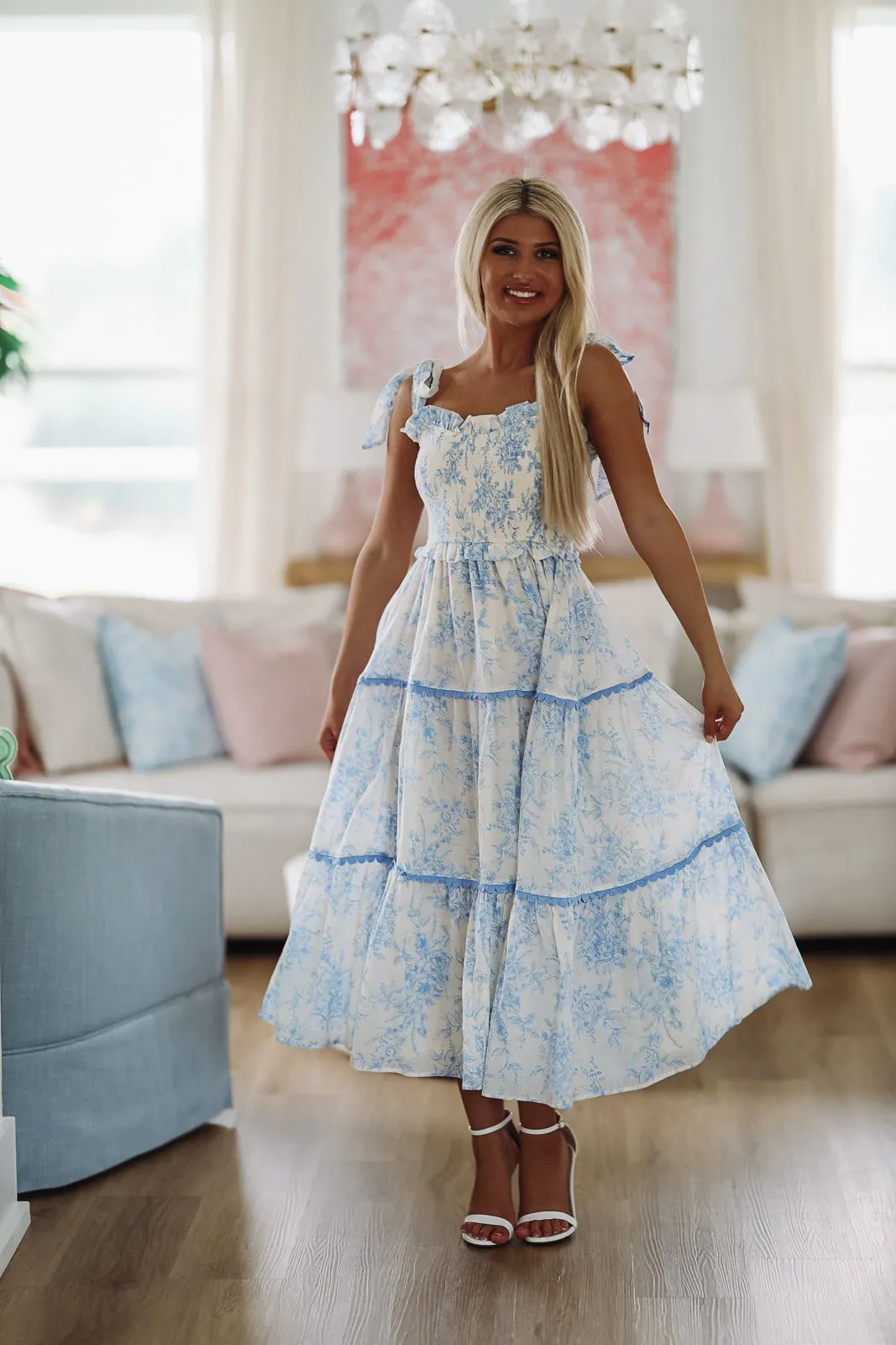 Rosemary Midi Dress - Light Blue and Ivory