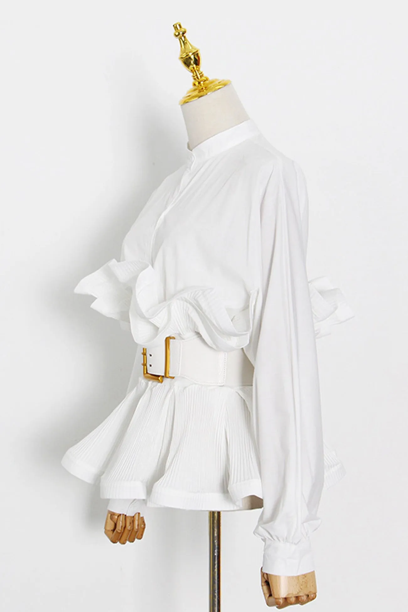 Ruched Ruffle Belt Long Sleeve Blouse