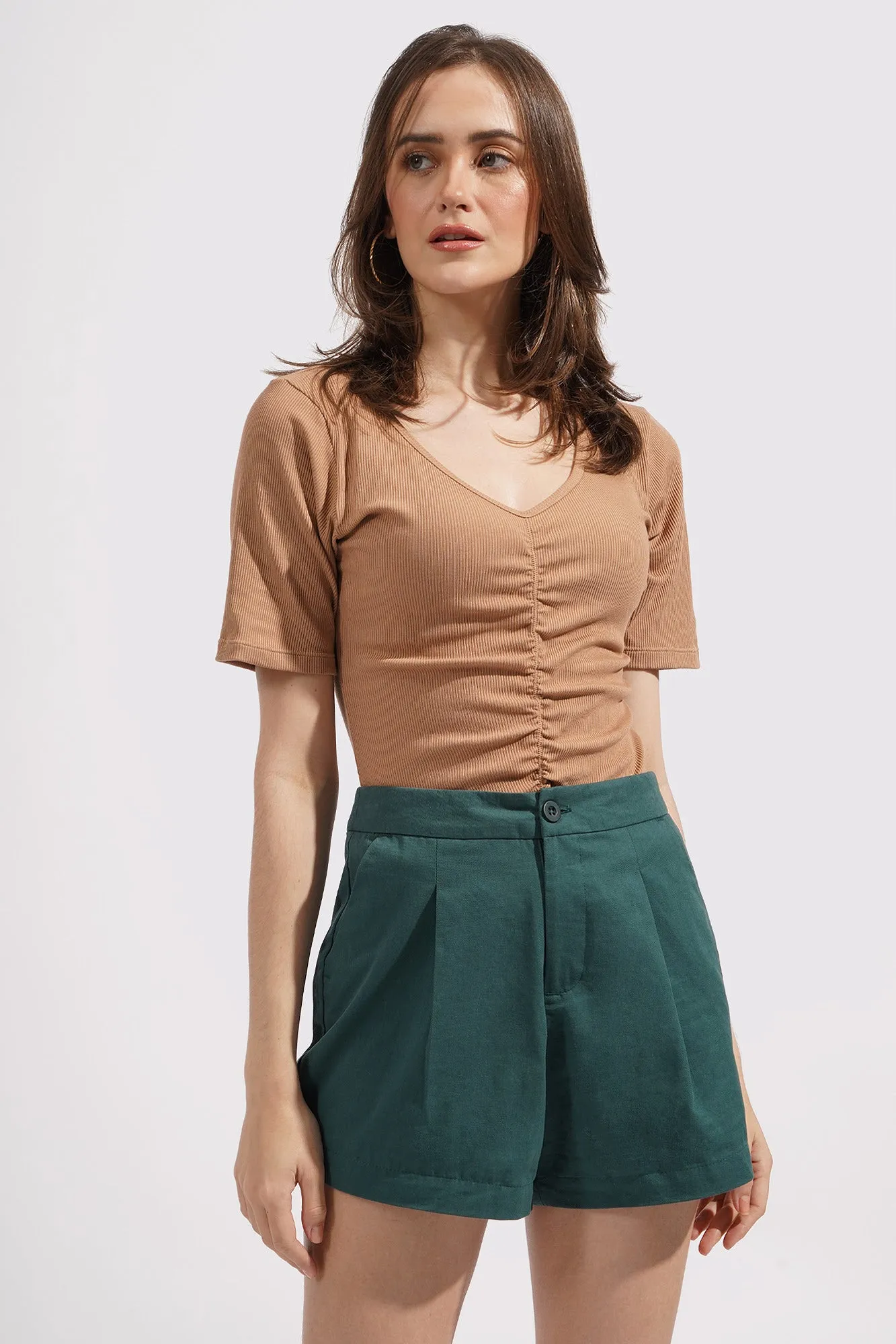 Ruched V-Neck Puff Sleeve Tee