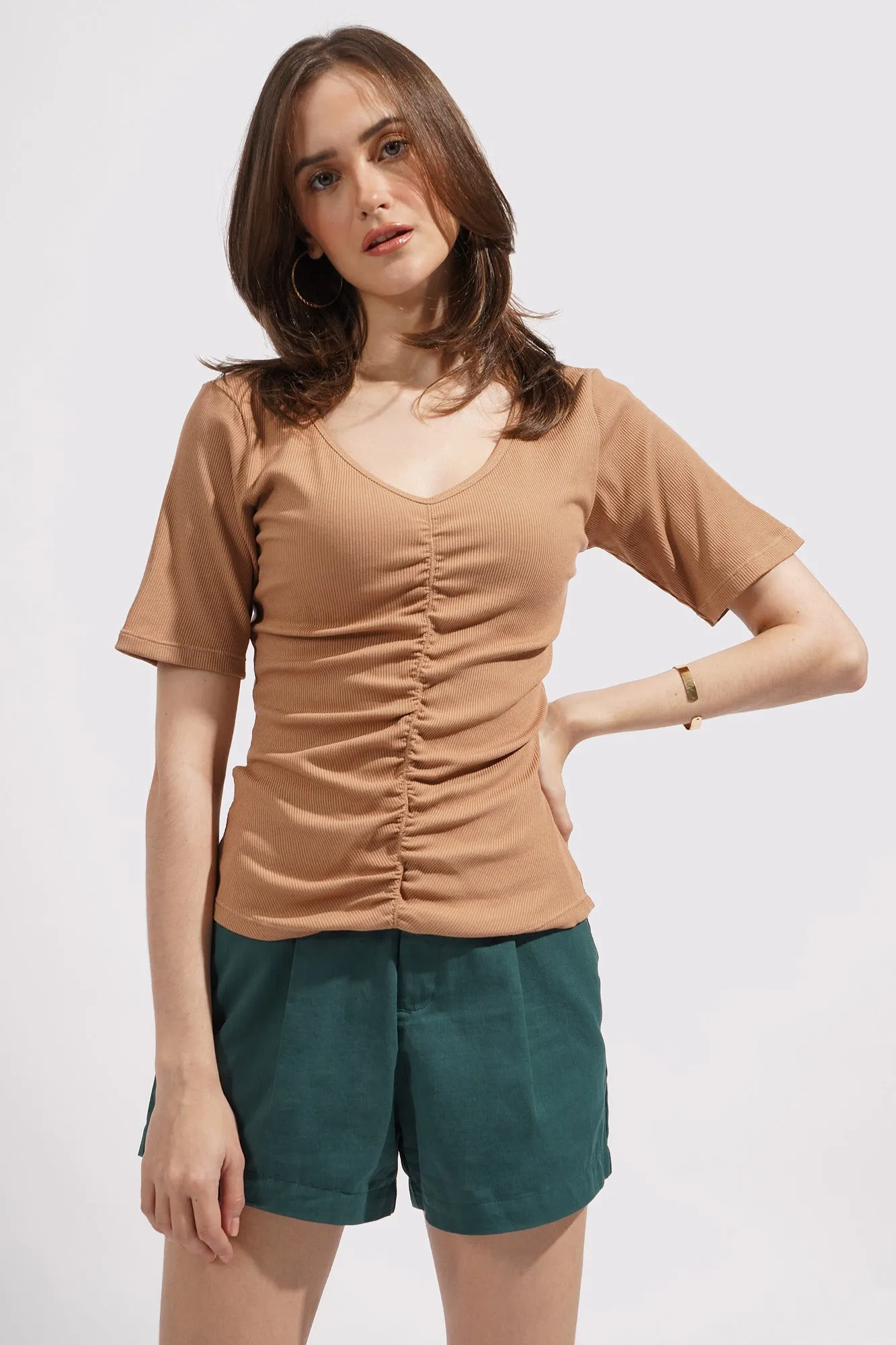 Ruched V-Neck Puff Sleeve Tee