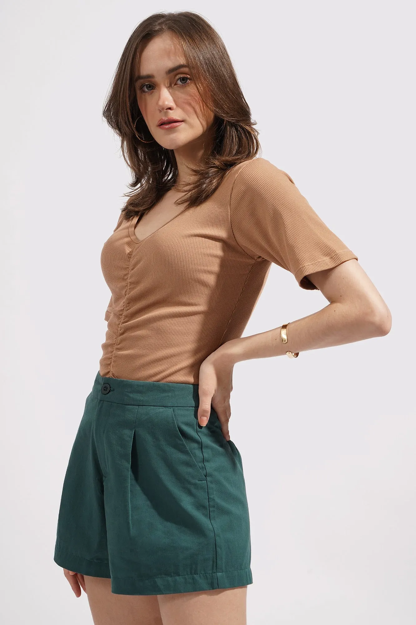 Ruched V-Neck Puff Sleeve Tee