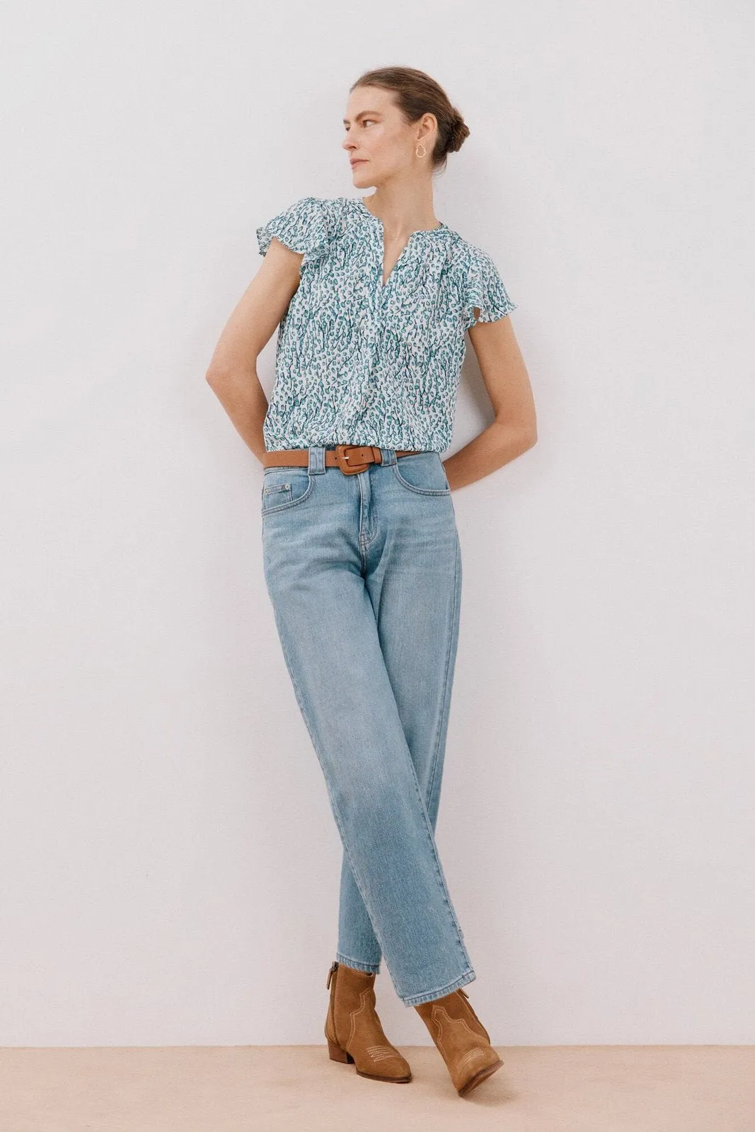 Ruffle Sleeve Blouse - White Print