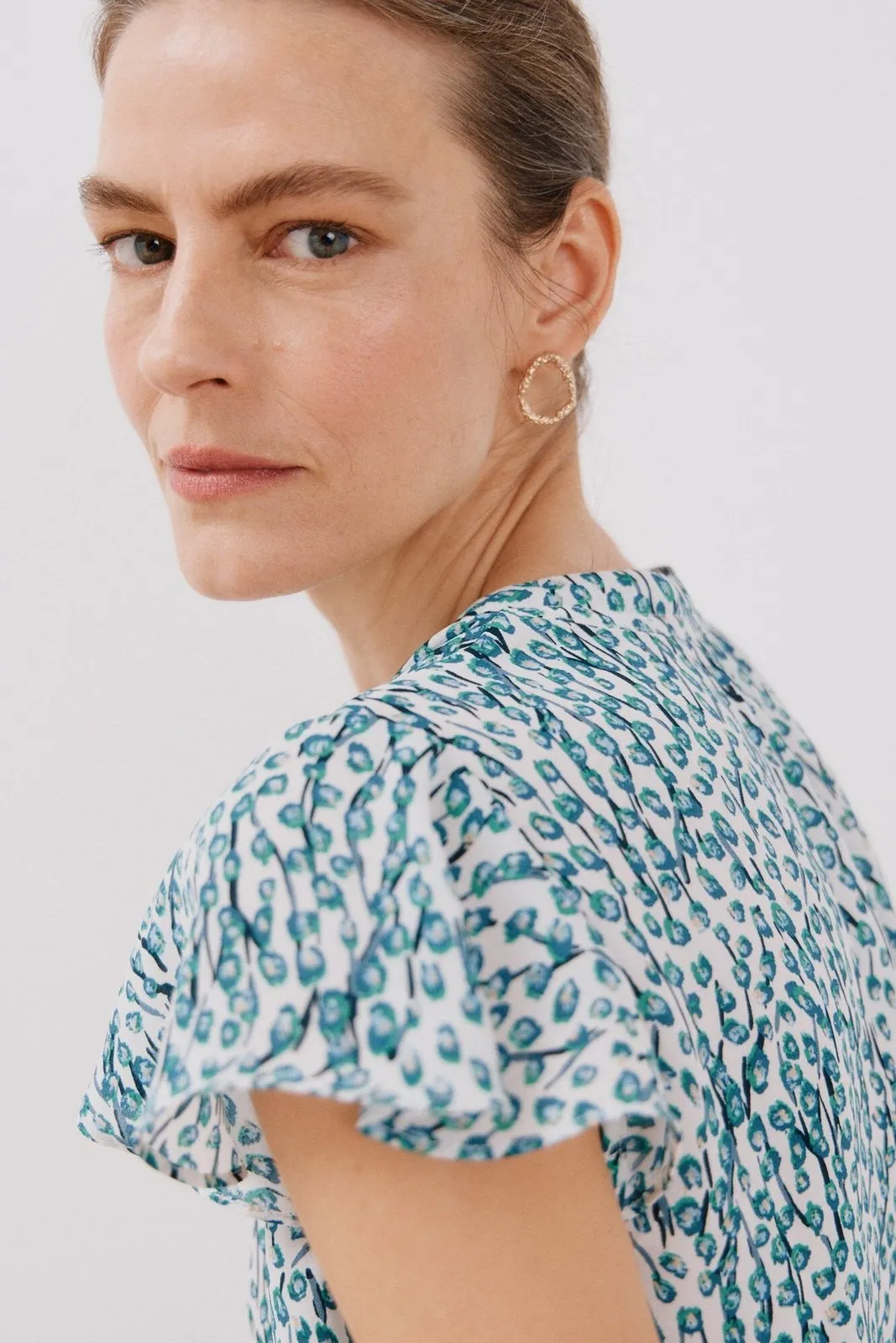Ruffle Sleeve Blouse - White Print