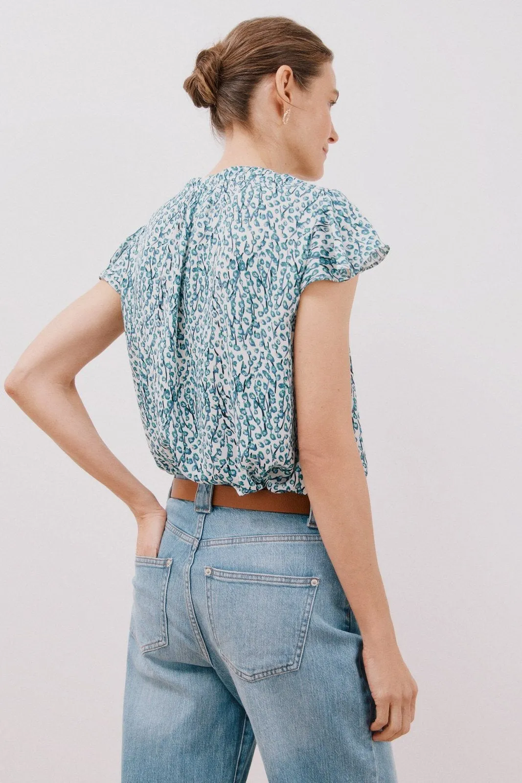 Ruffle Sleeve Blouse - White Print