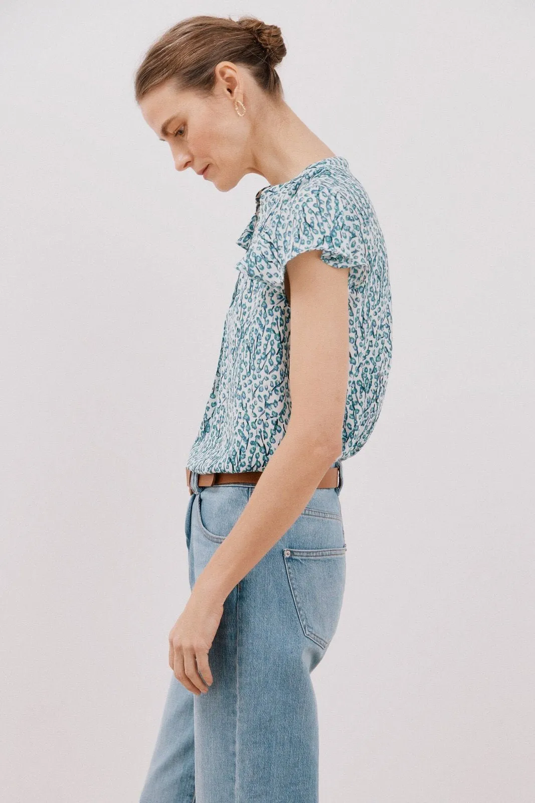 Ruffle Sleeve Blouse - White Print