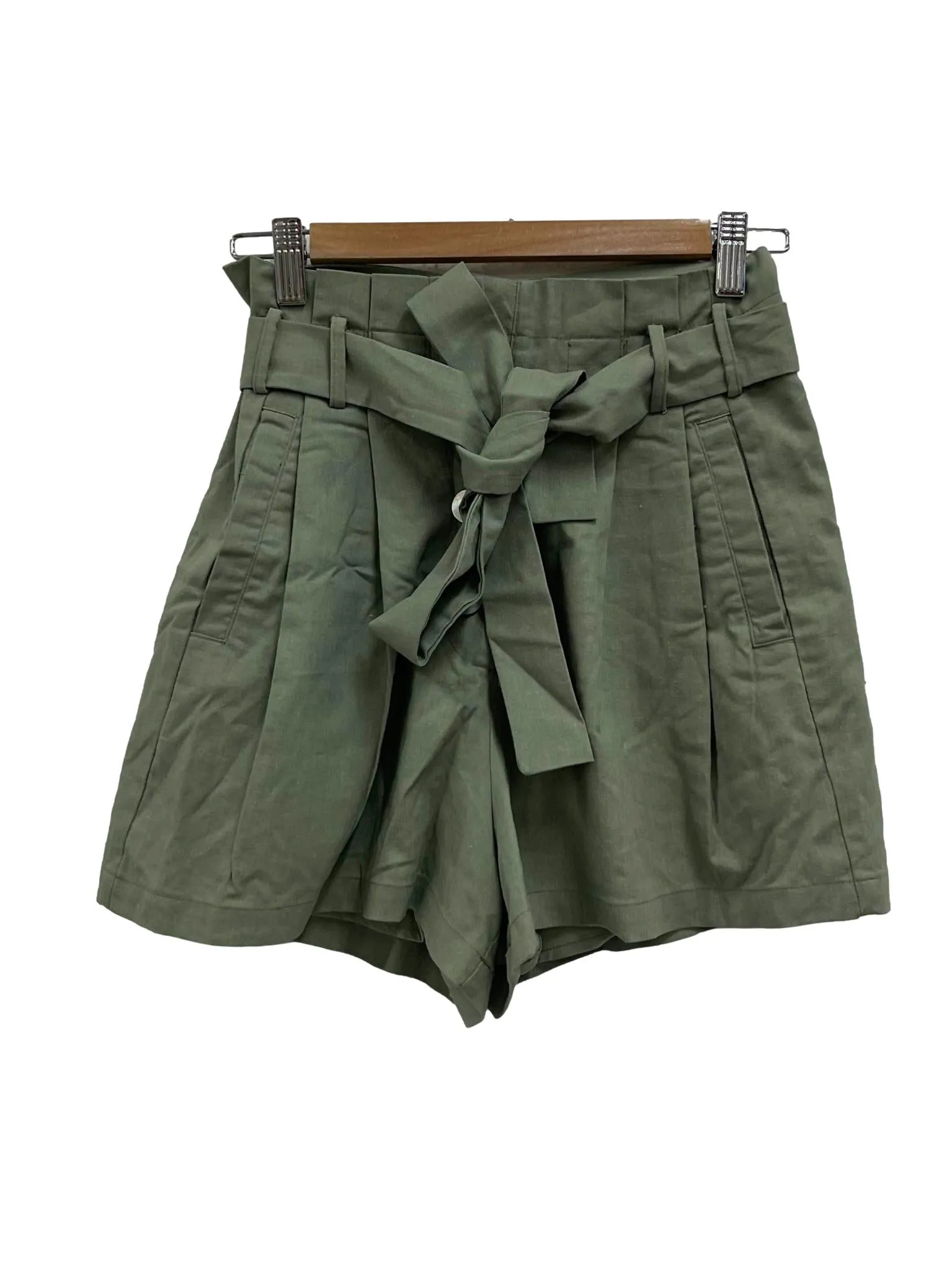 Sage Green Pleated Paperbag Shorts
